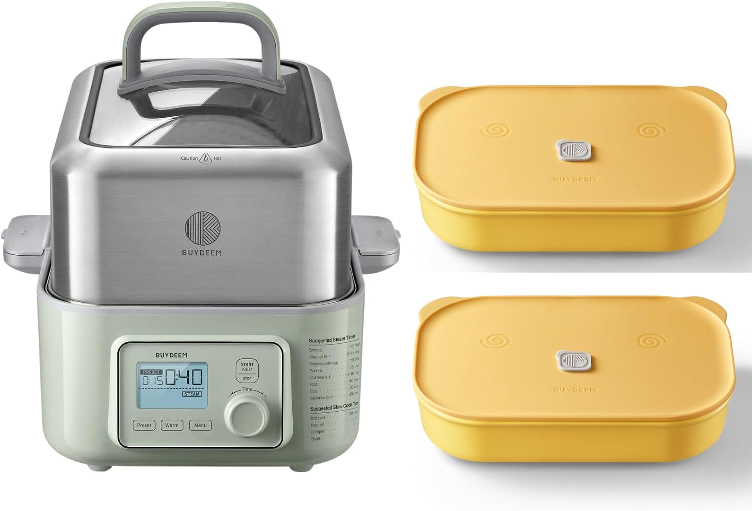 BUYDEEM G553 5-Quart Electric Food Steamer with Two Ceramic Food Storage Container 35oz Mellow Yellow, One Touch Vegetable Steamer, Digital Multifunctional Steamer, No Stew Pots Included