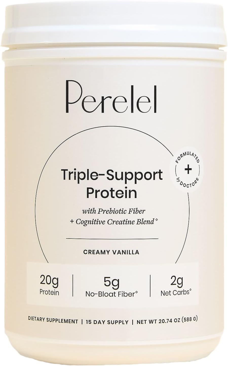 Perelel Triple-Support Plant Based Protein Powder, Creamy Vanilla, 20g Vegan Protein Powder, 3g Creatine Monohydrate, & 5g Prebiotic Fiber per Serving, Dairy Free, No Sugar Added, 15 Day Supply