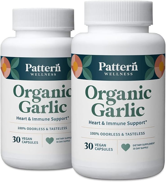 Pattern Wellness Odorless Organic Garlic \u2013 1000mg \u2013 Immune, Circulatory & Heart Health Support \u2013 Non-GMO & Gluten Free \u2013 60 Vegan Capsules