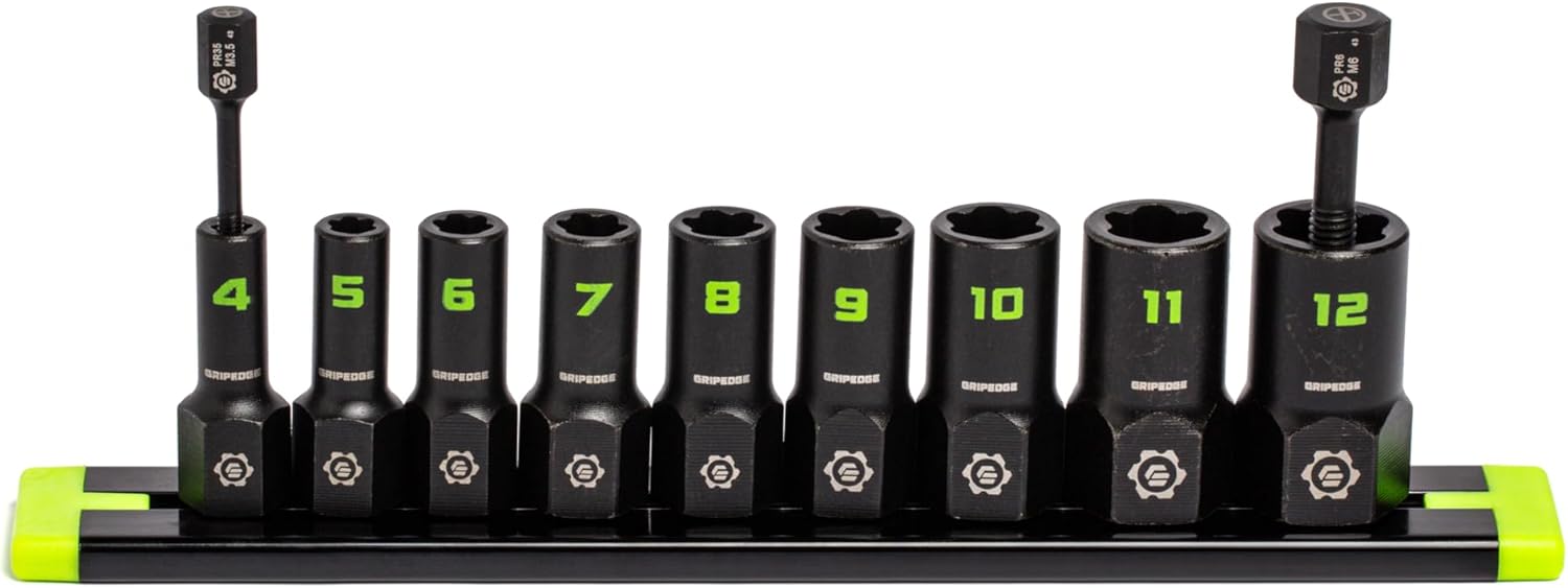 GRIPEDGE Tools | 9-PC - 1/4'' Drive Metric RPT Socket Extractor Set | Sizes 4 – 12 MM | Removes Broken Studs, Stripped Bolts and Lug Nuts | Includes Premium Aluminum Socket Rail|