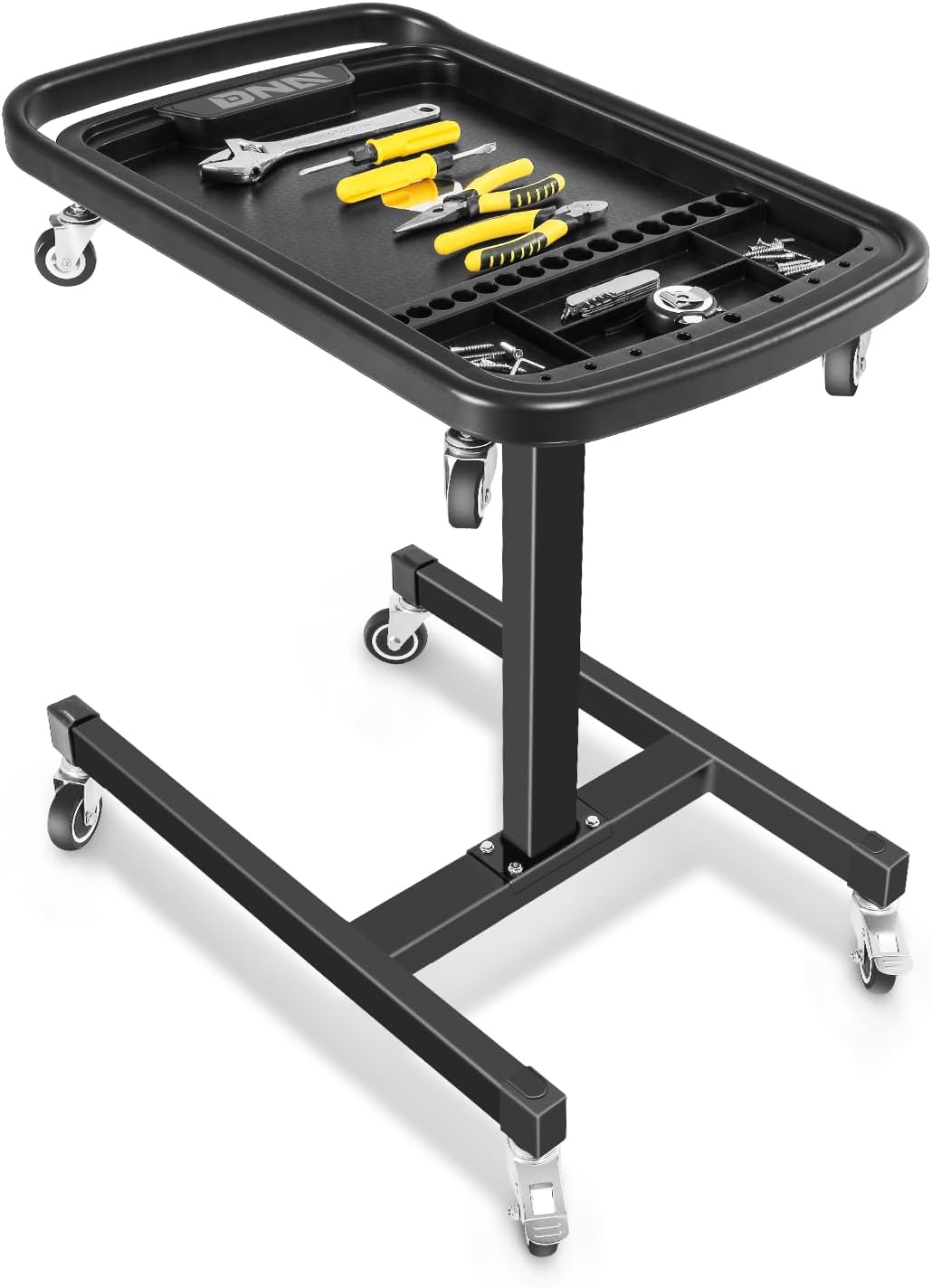 DNA MOTORING 2 in 1 Working Table - Adjustable Height 30.5'' to 47.2'', Rolling Part Tray with 4 Rollers, Portable Work Bench with 2 Brake Wheels, 130lbs Max Capacity, TOOLS-00432