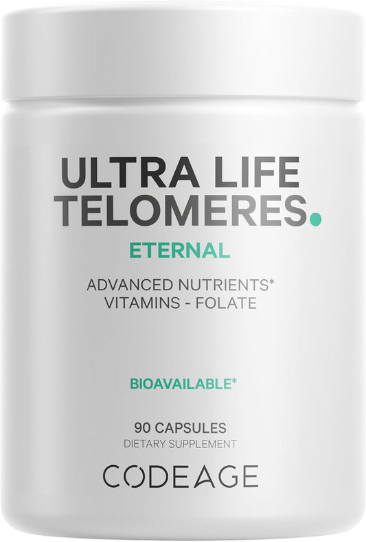 Codeage Ultra Life Telomeres Supplement - 5 MTHF Folate Vitamin B9, Vitamin B12 Methylcobalamin, Vitamin D3, L-Theanine, Ashwagandha - 3-Month Supply - DNA, Methylation Cycle - Non-GMO - 90 Capsules