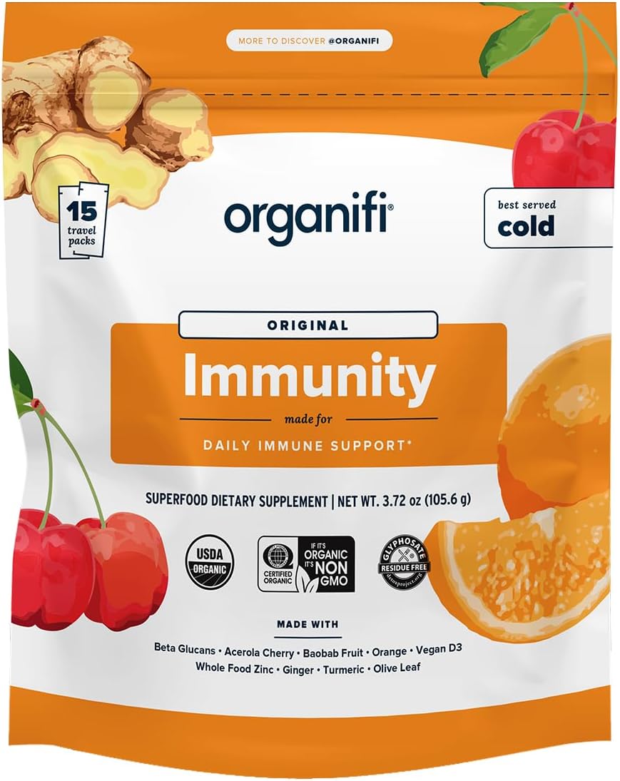 Organifi Immunity - Organic Superfood Immunity Support - 15 Single Serve Packets - Immunity Powder for T Cell Production and Upper Respiratory Health - Mushroom Beta Glucans, Vitamin C, D and Zinc
