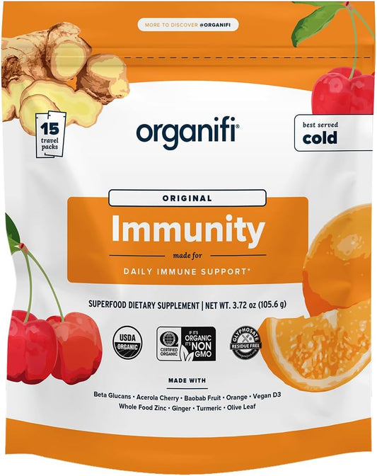 Organifi Immunity - Organic Superfood Immunity Support - 15 Single Serve Packets - Immunity Powder for T Cell Production and Upper Respiratory Health - Mushroom Beta Glucans, Vitamin C, D and Zinc