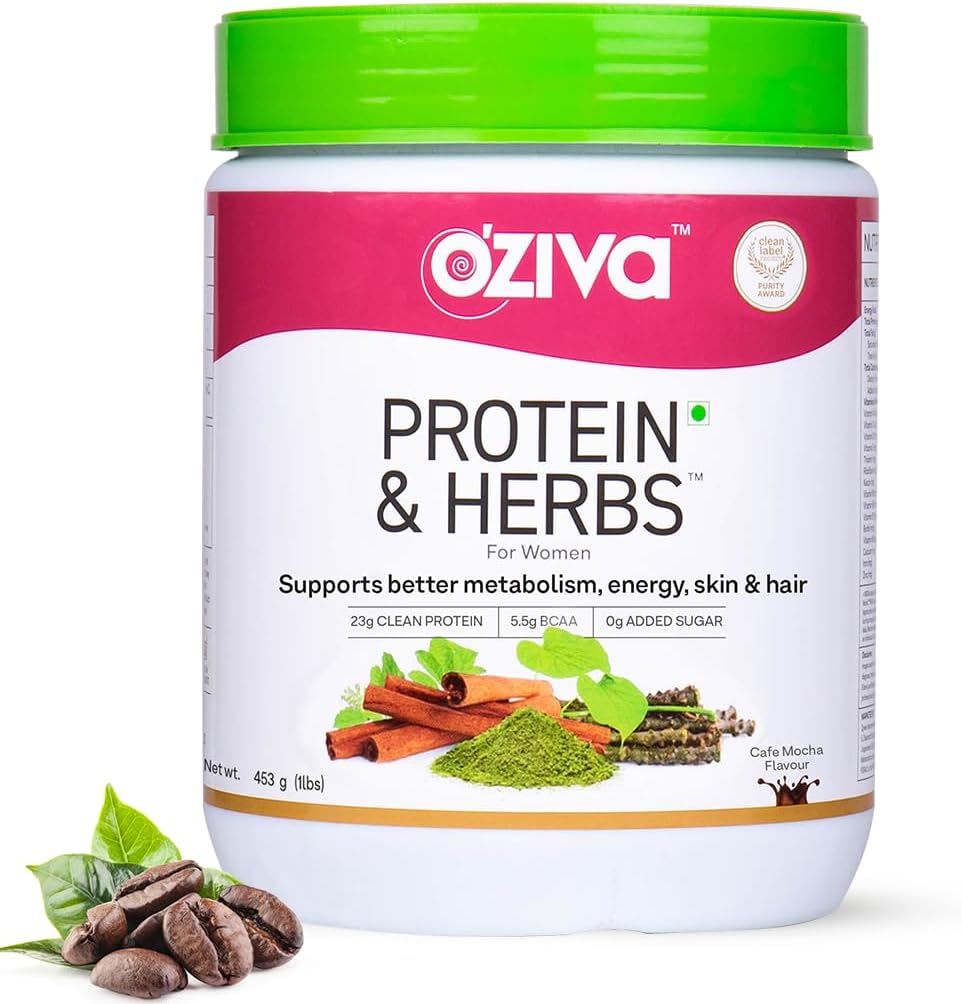 Protein & Herbs, Women with Multivitamins, Curcumin, Shatavari, Tulsi for Improved Metabolism, Hormonal Balance & Skin, Hair Health, 1.1 lbs, Cafe Mocha. Soy Free, Gluten Free, Non GMO
