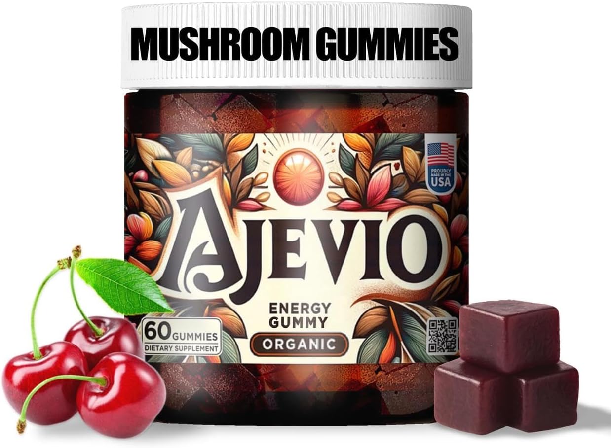 Mushroom Focus & Energy Gummies \u2013 Organic Lion\u2019s Mane and Cordyceps, Plant-Based Caffeine, L-Theanine and B Vitamins, Nootropic for Attention, Focus and Productivity, Cherry \u2013 60 Ct (30 Day Supply)