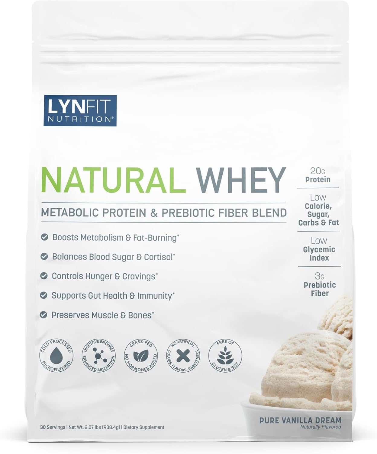 Metabolic Boosting Natural Whey Lactose & Sugar-Free Protein w/Prebiotic Fiber | Vanilla Dream | 30 Servings