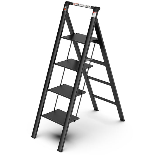 Maocao Hoom 4 Step Ladder 4-Step 300-lb Capacity Black Aluminum Foldable Step Stool YCBH355909