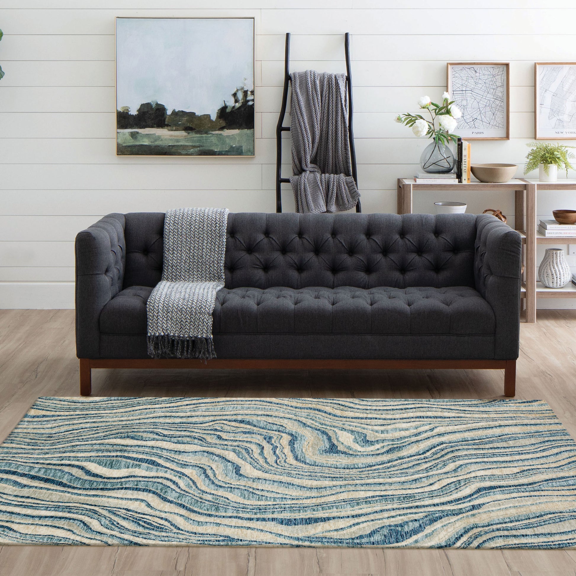 Origin 21 Coastal Tides 7 x 10 (ft) Loomed Blue Rectangular Indoor Mid-Century Modern Pet Friendly Area rug