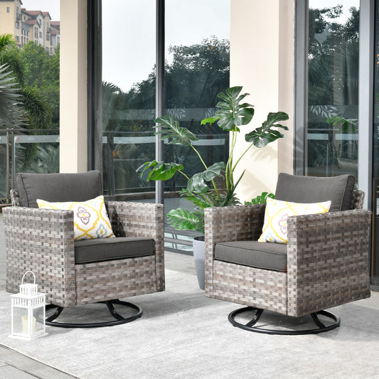 Pouuin Set of 2 Rattan Gray Wicker Frame Swivel rocker Conversation Chair with Black Woven Seat
