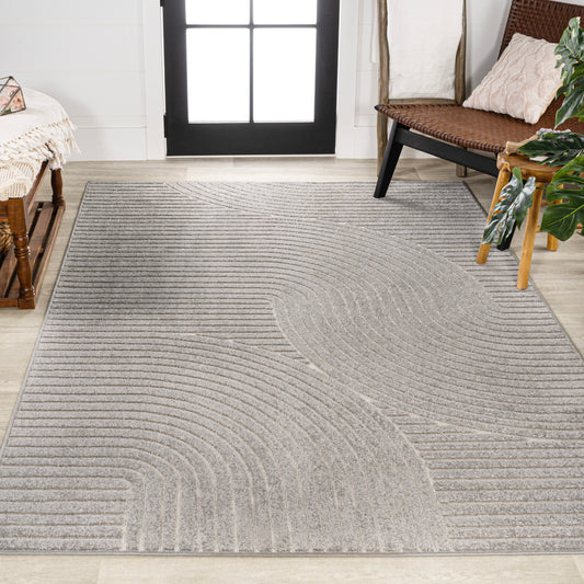 JONATHAN  Y SCANDINAVIAN Hallie High-Low Minimalist Curve 10 x 13 (ft) Loomed Gray/Ivory Rectangular Indoor/Outdoor Geometric Mid-Century Modern Pet Friendly Area rug