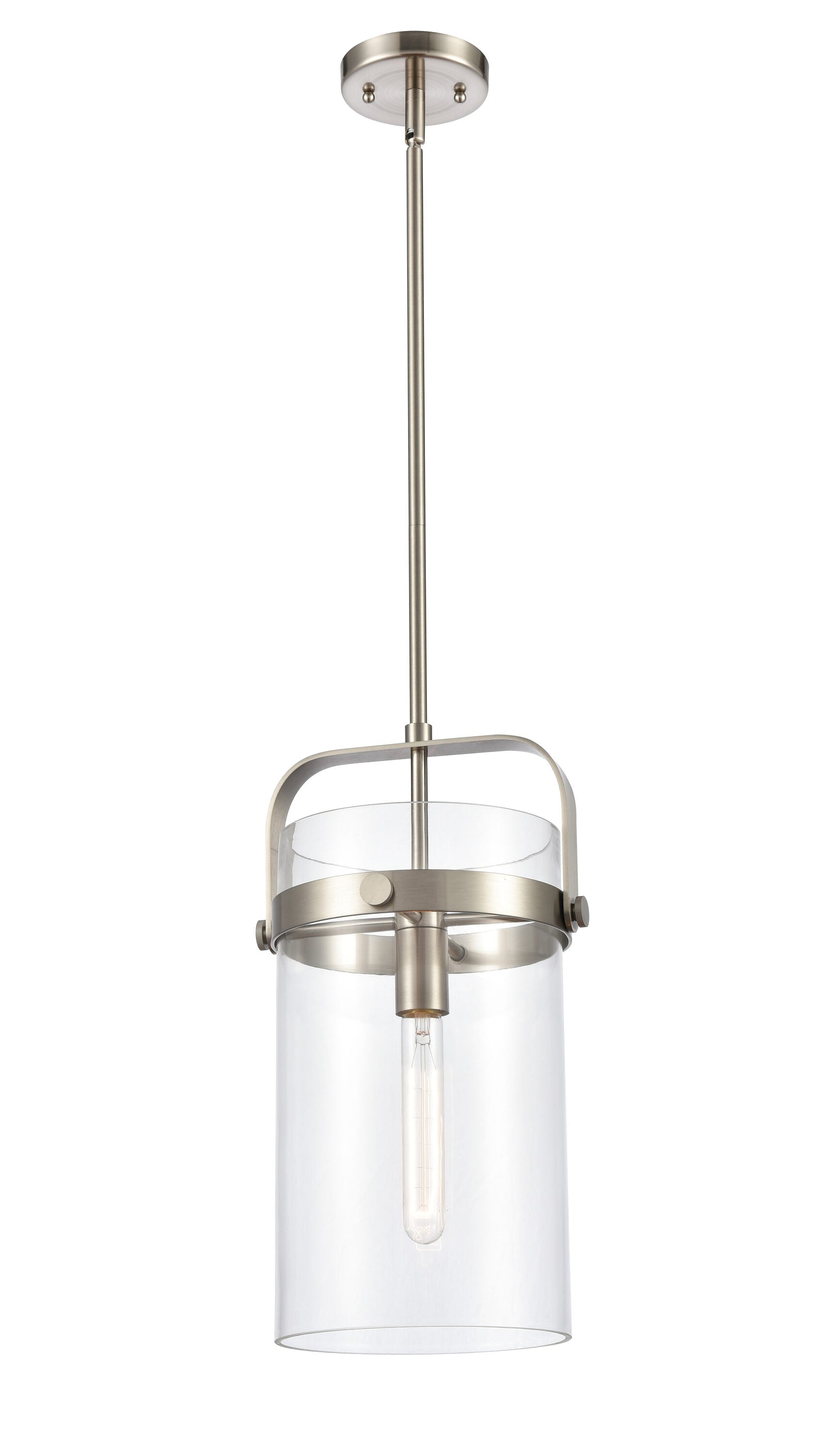 Innovations Lighting Pilaster 1 -Light Brushed Satin Nickel Industrial Clear glass Cylinder Medium Hanging Pendant light