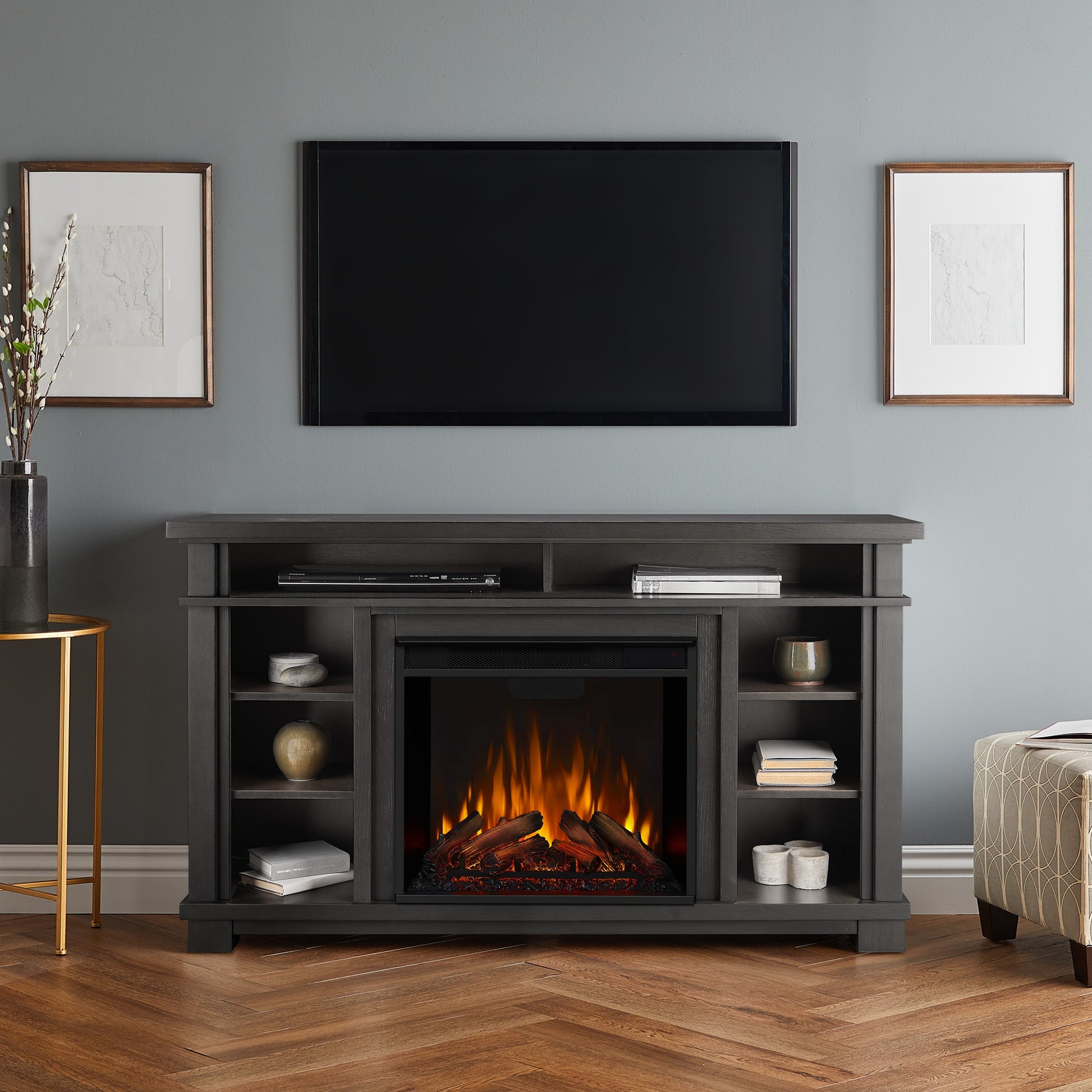 Real Flame 56-in W Gray TV Stand with Fan-forced Electric Fireplace 7330E-GRY