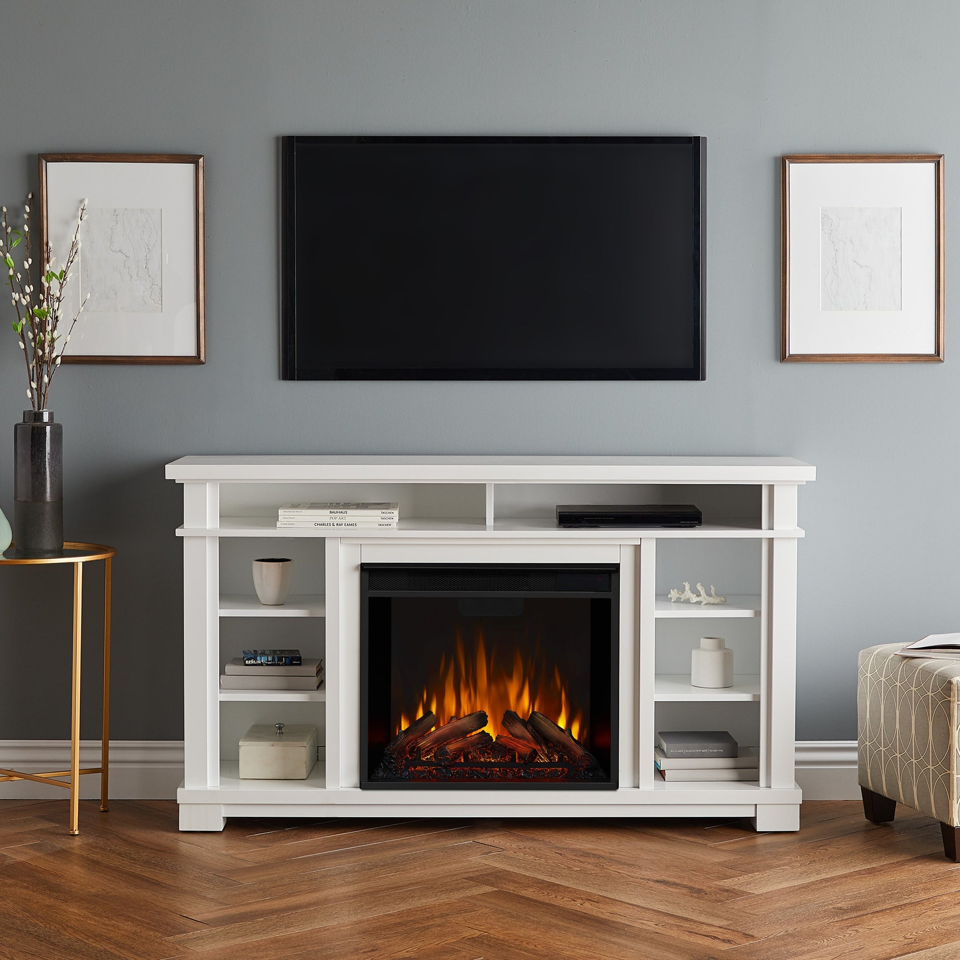 Real Flame 56-in W White TV Stand with Fan-forced Electric Fireplace 7330E-W