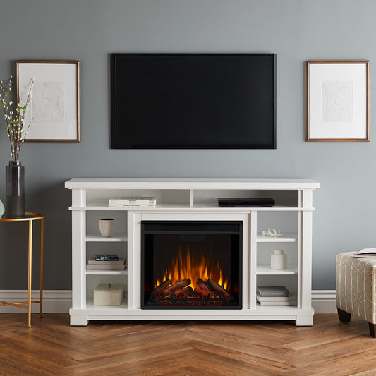 Real Flame 56-in W White TV Stand with Fan-forced Electric Fireplace 7330E-W