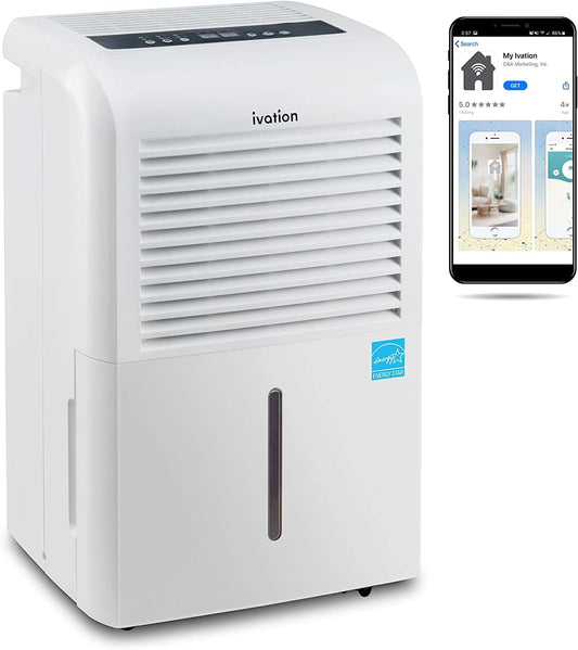 Ivation 50-Pint 3-Speed Wi-Fi Connected Dehumidifier with Built-In Pump ENERGY STAR (For Rooms 3001+ sq ft) IVADUWIFI50WP
