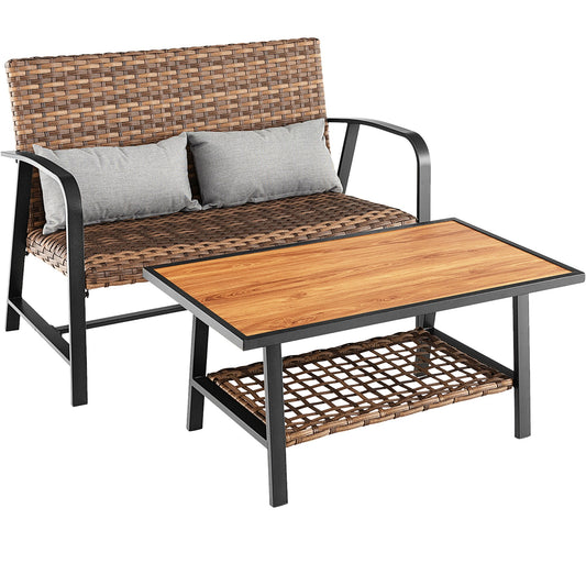Costway 2 -Piece Rattan Patio Conversation Set with Gray Cushions