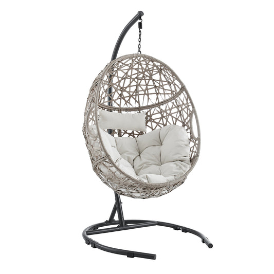 PEAK HOME FURNISHINGS Egg Chair Wicker Black Metal Frame Hanging Egg chair Chair with Off-white Olefin Cushioned Seat