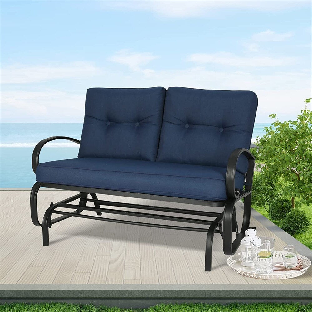 Afoxsos 47 in. Patio Swing Glider Bench Outdoor Cushioned 2-Person Rocking Chair Garden Loveseat; Navy
