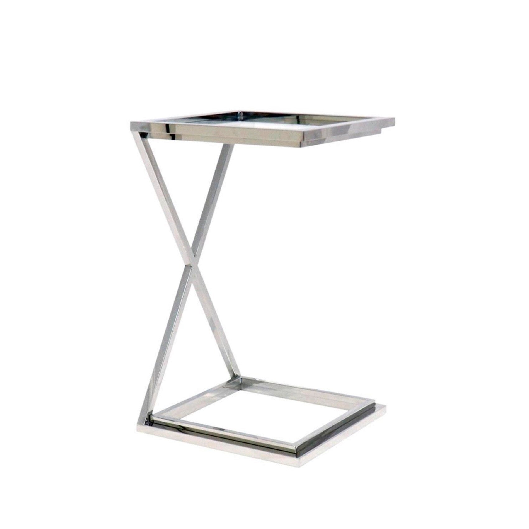 Pasargad Home Decked out in a chic finish, the angled metal base is striking from every angle. The coylin square end table is topped off with a clear glass top with steel edging for a completely modern look