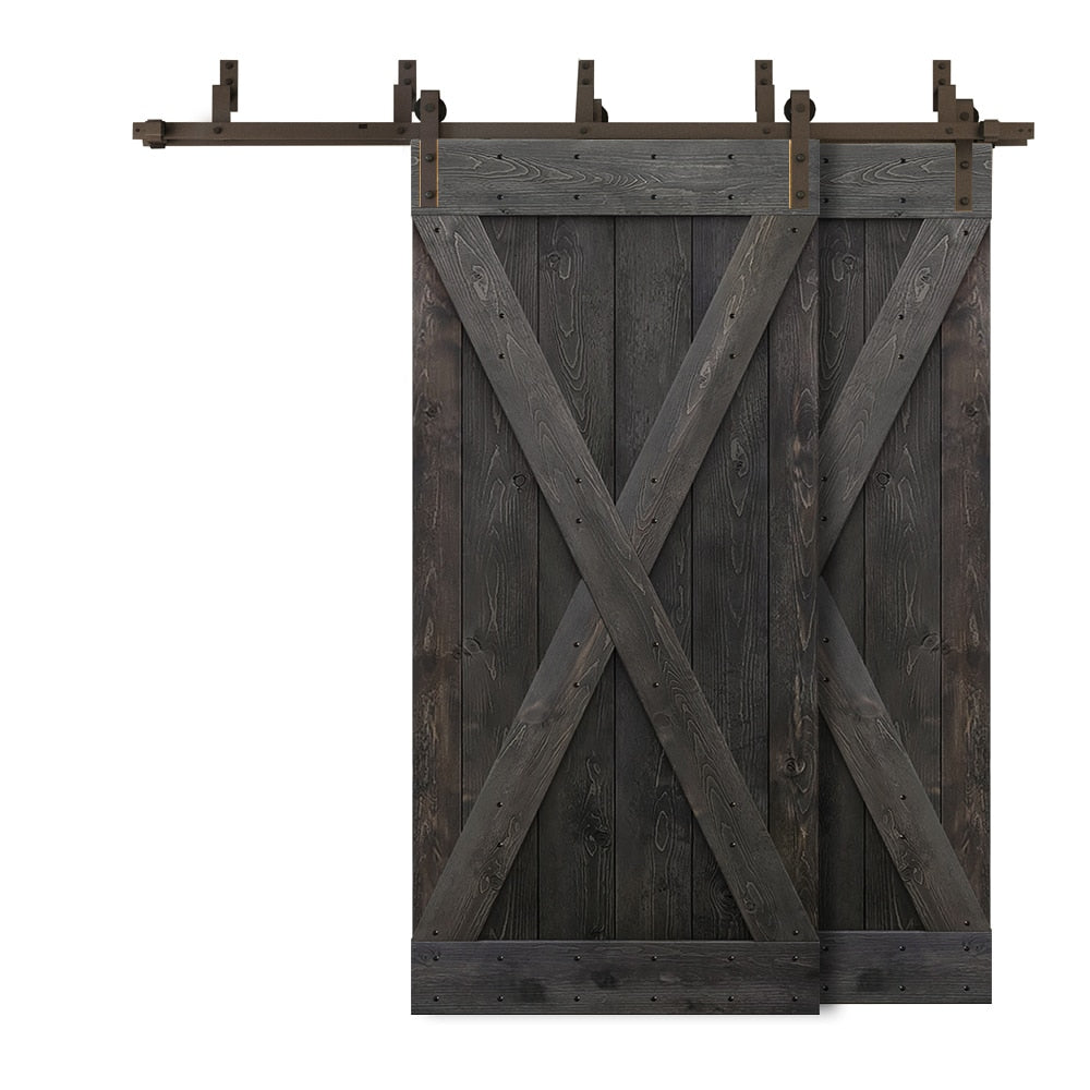 CALHOME 76-in x 84-in Charcoal Black X-frame Knotty pine Wood Solid core Double Bypass Barn Door (Hardware Included)
