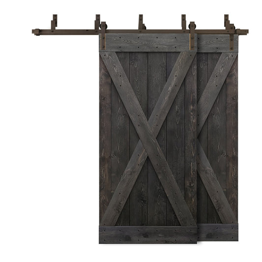CALHOME 76-in x 84-in Charcoal Black X-frame Knotty pine Wood Solid core Double Bypass Barn Door (Hardware Included)