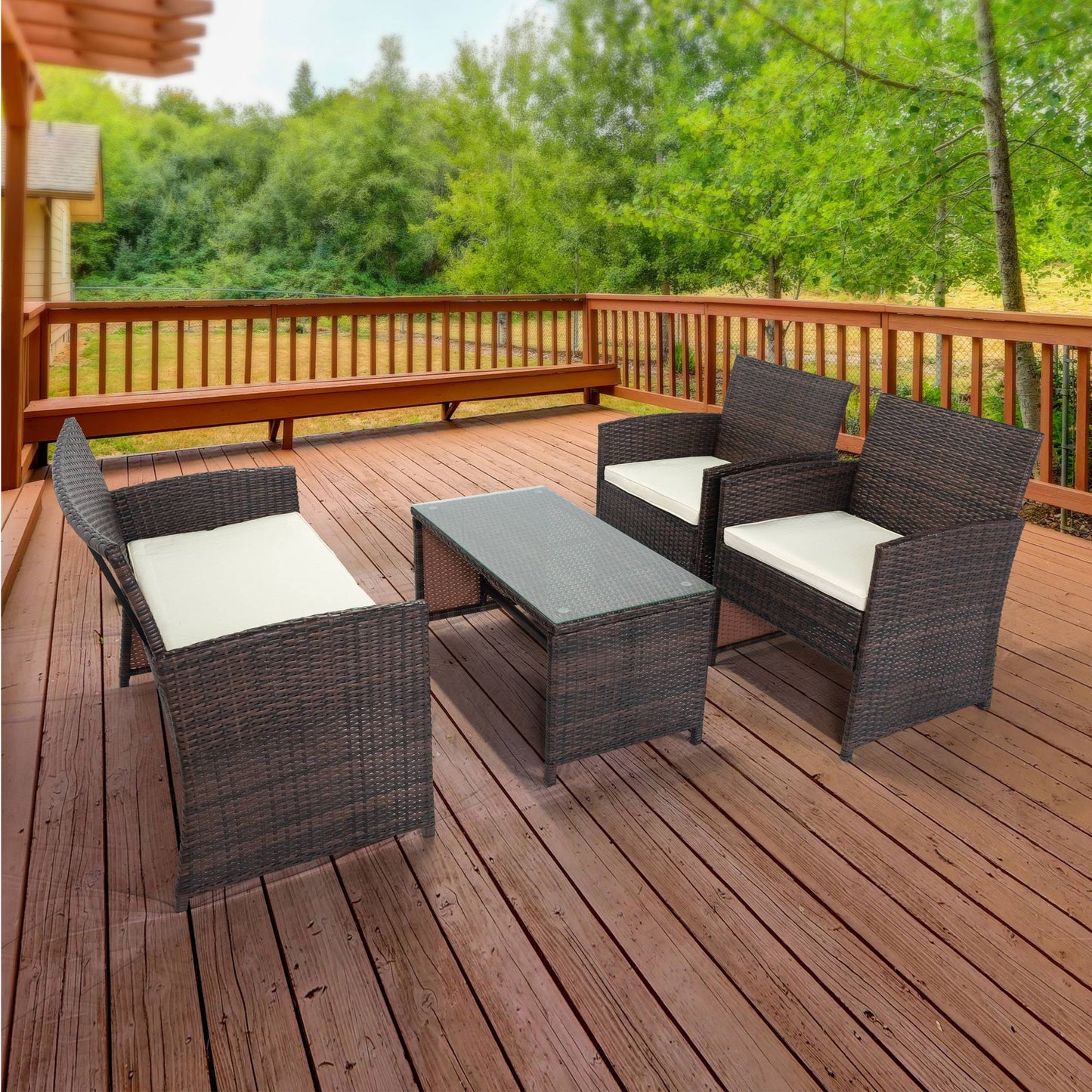 Yiekholo 4 -Piece Rattan Patio Conversation Set with Off-white Cushions