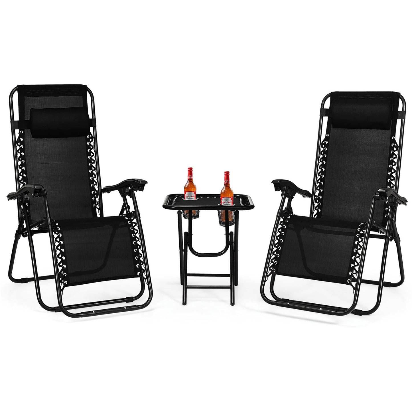 Clihome 3 Pieces Folding Portable Zero Gravity Reclining Lounge Chairs Table Set Set of 2 Black Steel Frame Stationary Beach Chair with Black Mesh Seat