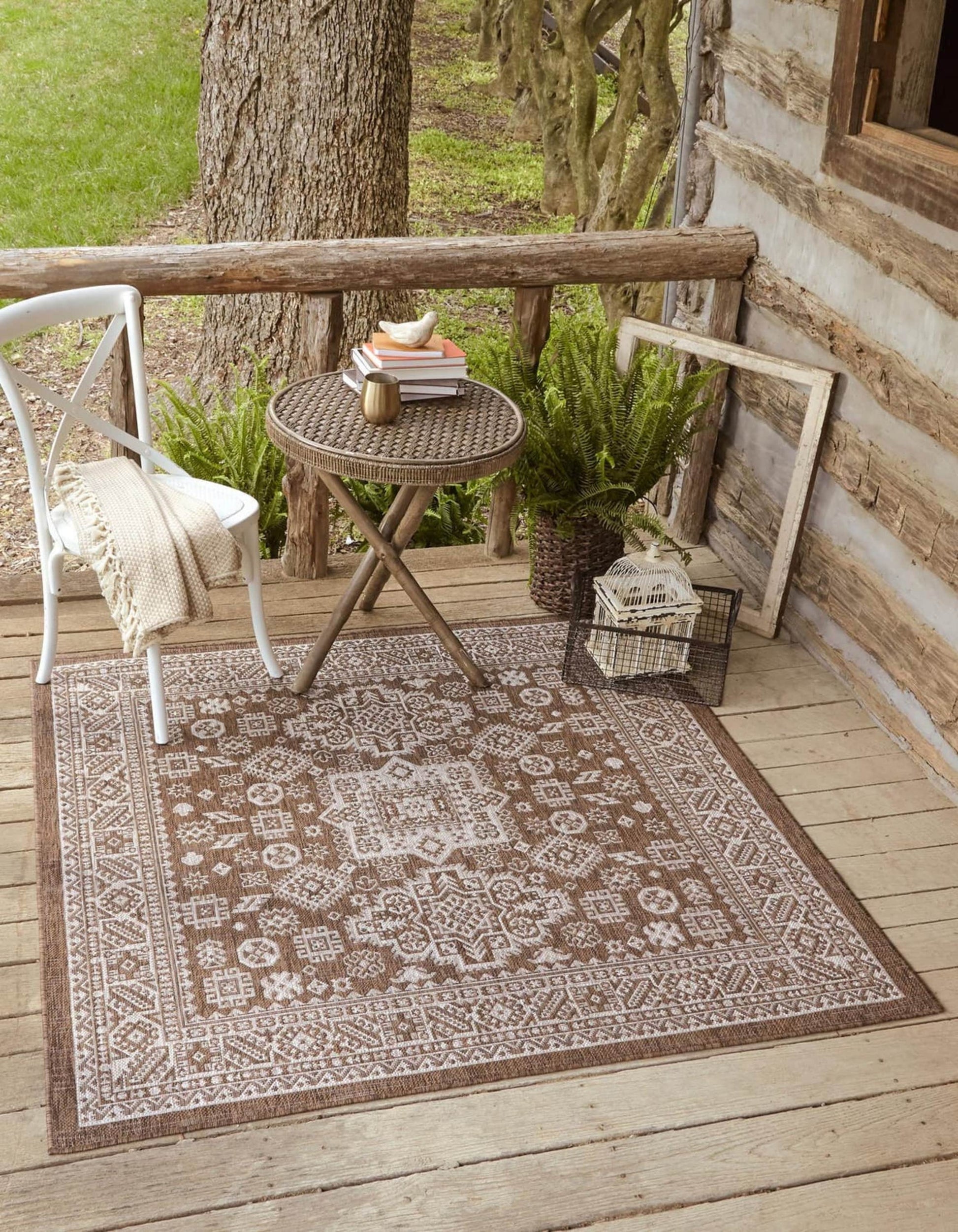 Unique Loom Outdoor Aztec 13 x 13 (ft) Loomed Brown Square Indoor/Outdoor Border Area rug