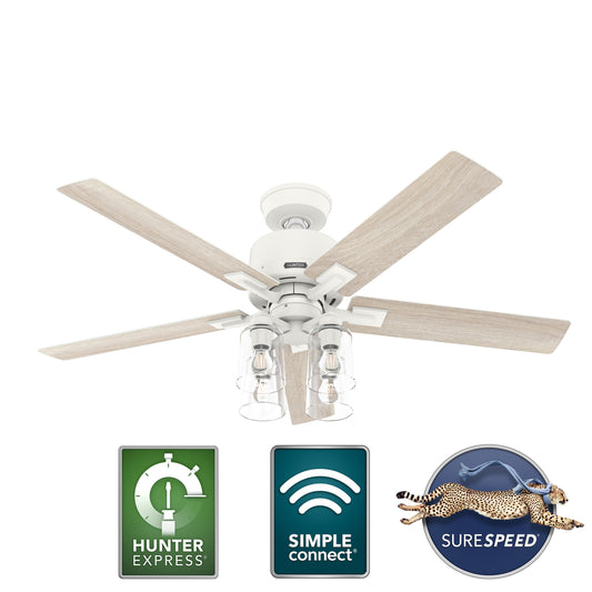Hunter Techne HunterExpress Easy Install 52-in Smart Matte White with Wood Look Blades Ceiling Fan With Light - Remote Included ( 5 -Blade ) 5456569