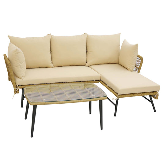 Costway 3 -Piece Rattan Patio Sofa Conversation Set with Off-white Cushions