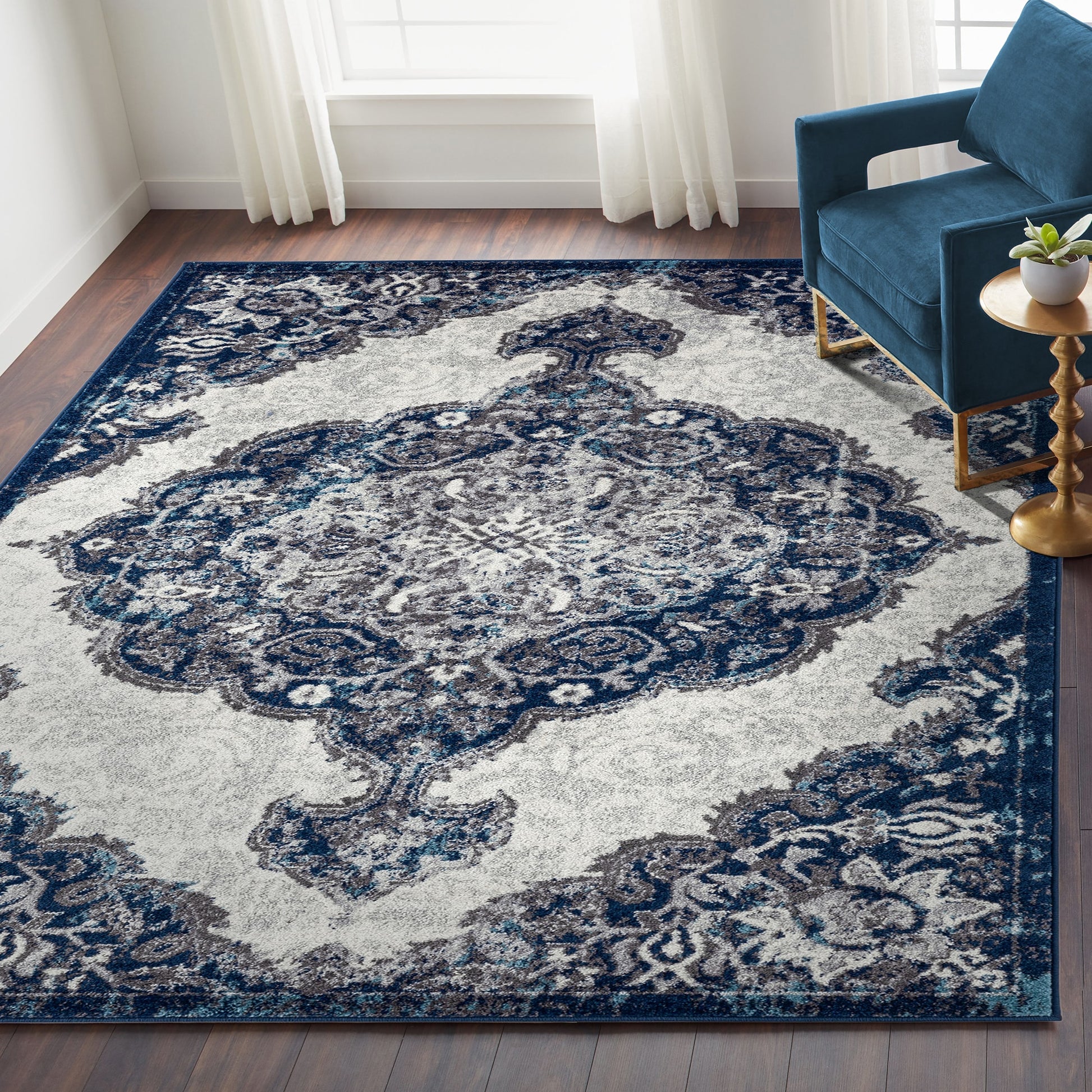 AMER Alexandria 8 x 10 (ft) Loomed Polypropylene Navy Rectangular Indoor Medallion Area rug