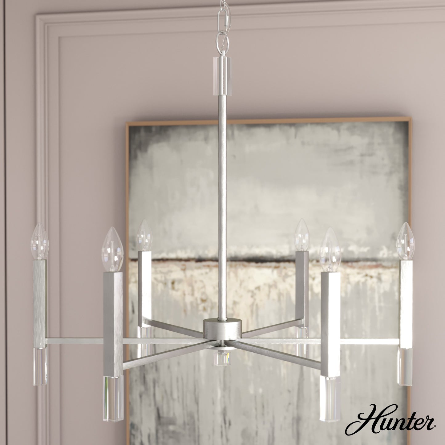 Hunter Sunjai 6 -Light Brushed Nickel Modern/contemporary Bare bulb For Use in Bedrooms, Dining Rooms, Foyers, Kitchens, Living Rooms Chandelier 5228388