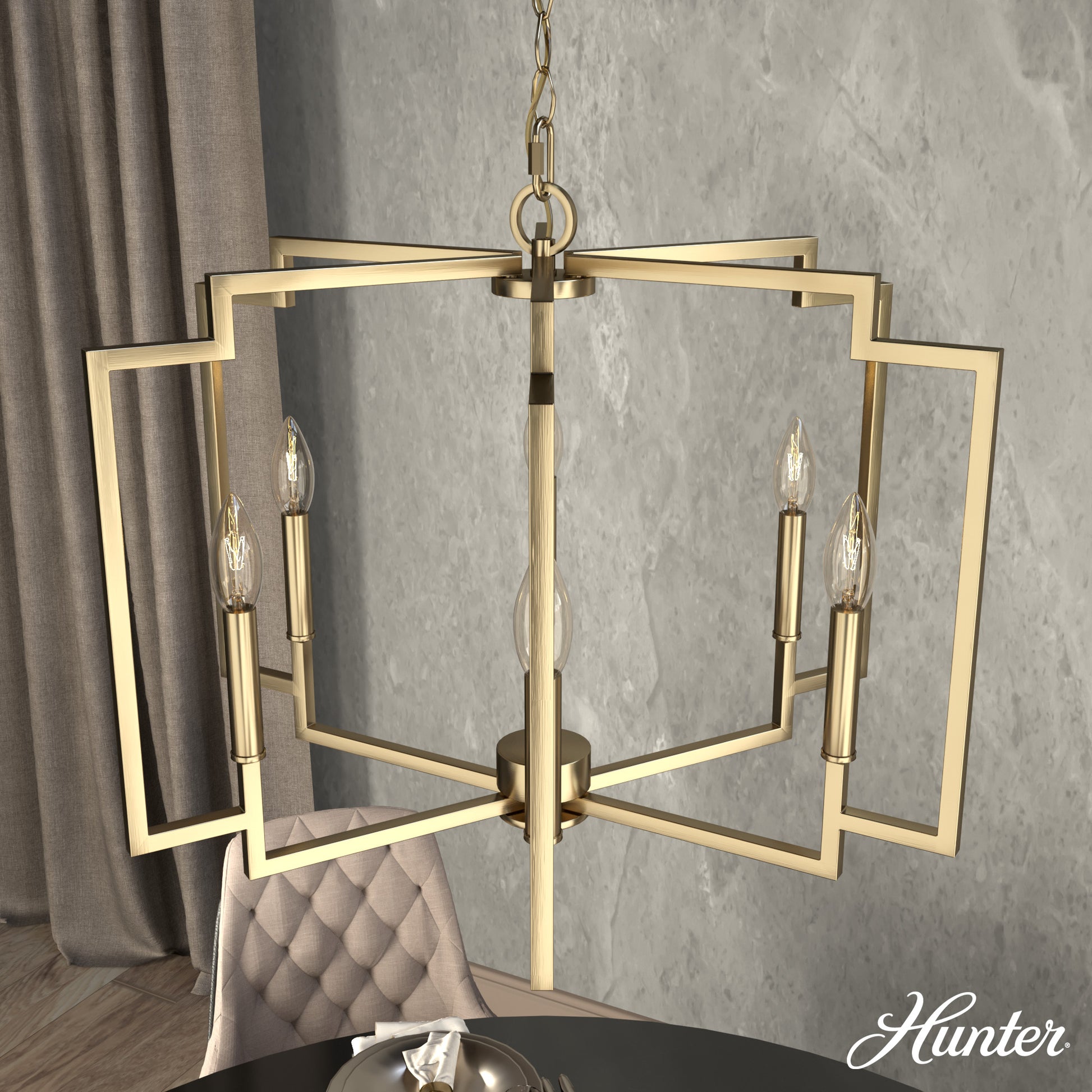 Hunter Zoanne 6 -Light Satin Gold Modern/contemporary Bare bulb For Use in Bedrooms, Dining Rooms, Foyers, Kitchens, Living Rooms Chandelier 5228358