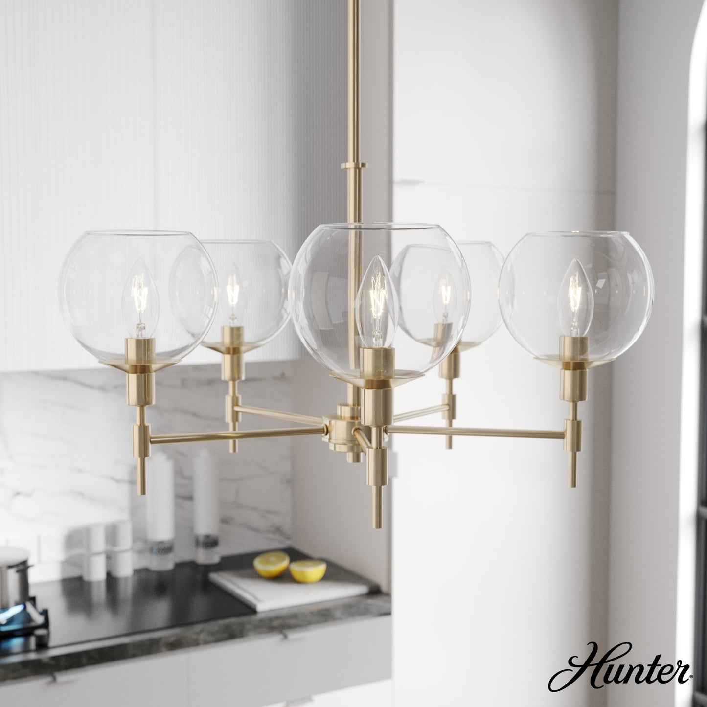 Hunter Xidane 5 -Light Satin Gold Mid-century Crystal For Use in Bedrooms, Dining Rooms, Foyers, Kitchens, Living Rooms Chandelier