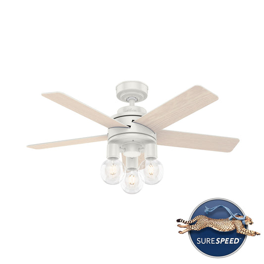 Hunter Hardwick 44-in Fresh White with White Washed Oak Blades Ceiling Fan With Light - Remote Included ( 5 -Blade ) 2366502
