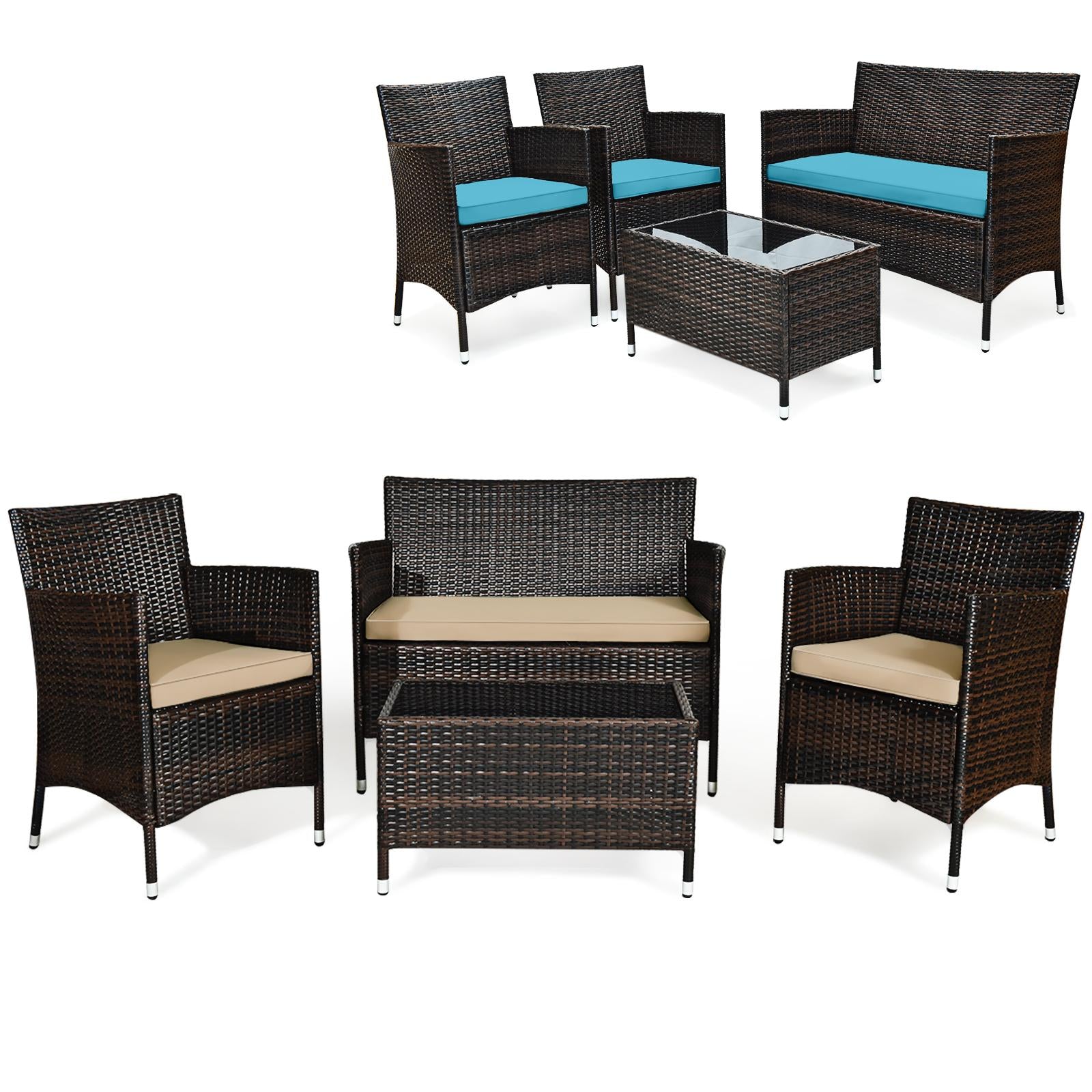 BABOOM 4-Piece Rattan Patio Conversation Set with Off-white Cushions