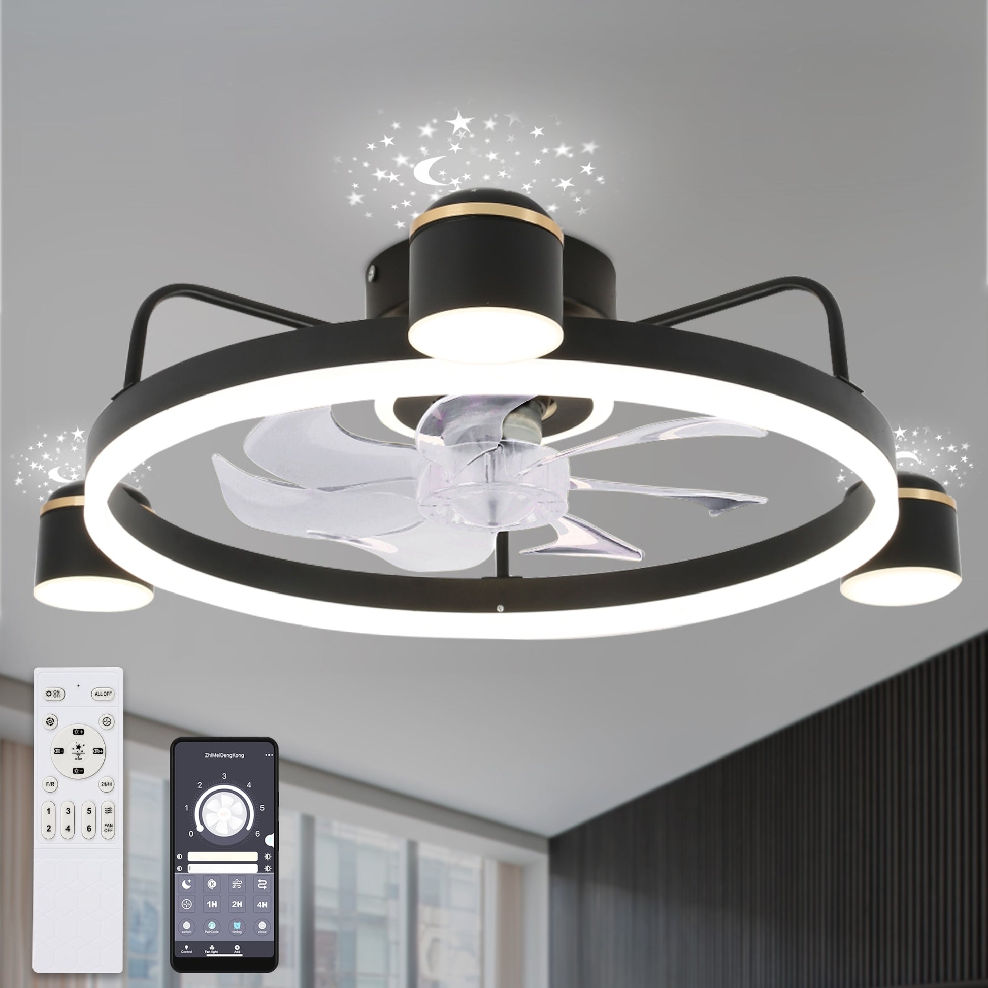 Bella Depot Bedroom 28-in Black with Clear Blades Color-changing Integrated LED Indoor Flush Mount Smart Ceiling Fan with Light and Remote (7-Blade) DC2001