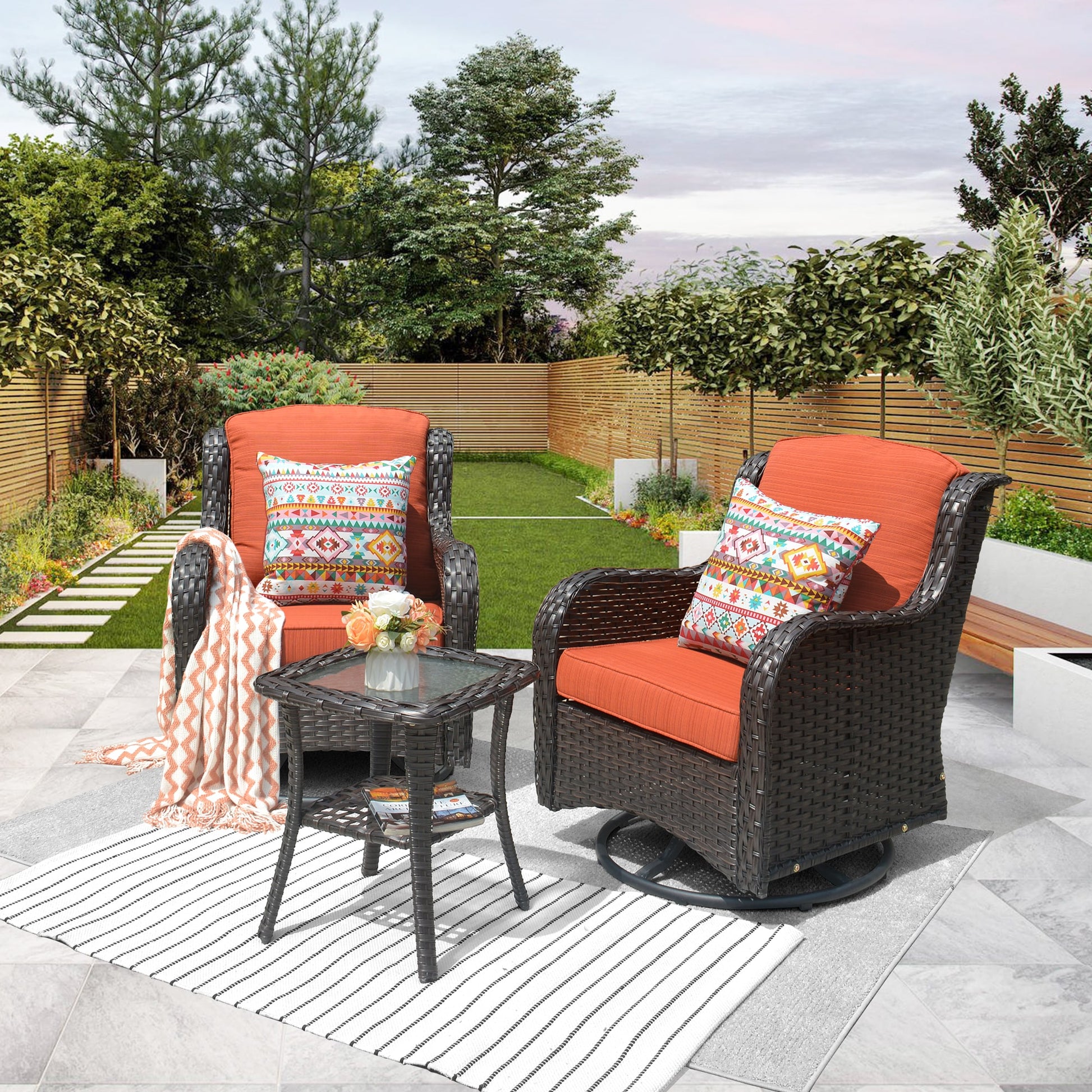 XIZZI Vesta 3 -Piece Wicker Patio Conversation Set with Orange Cushions