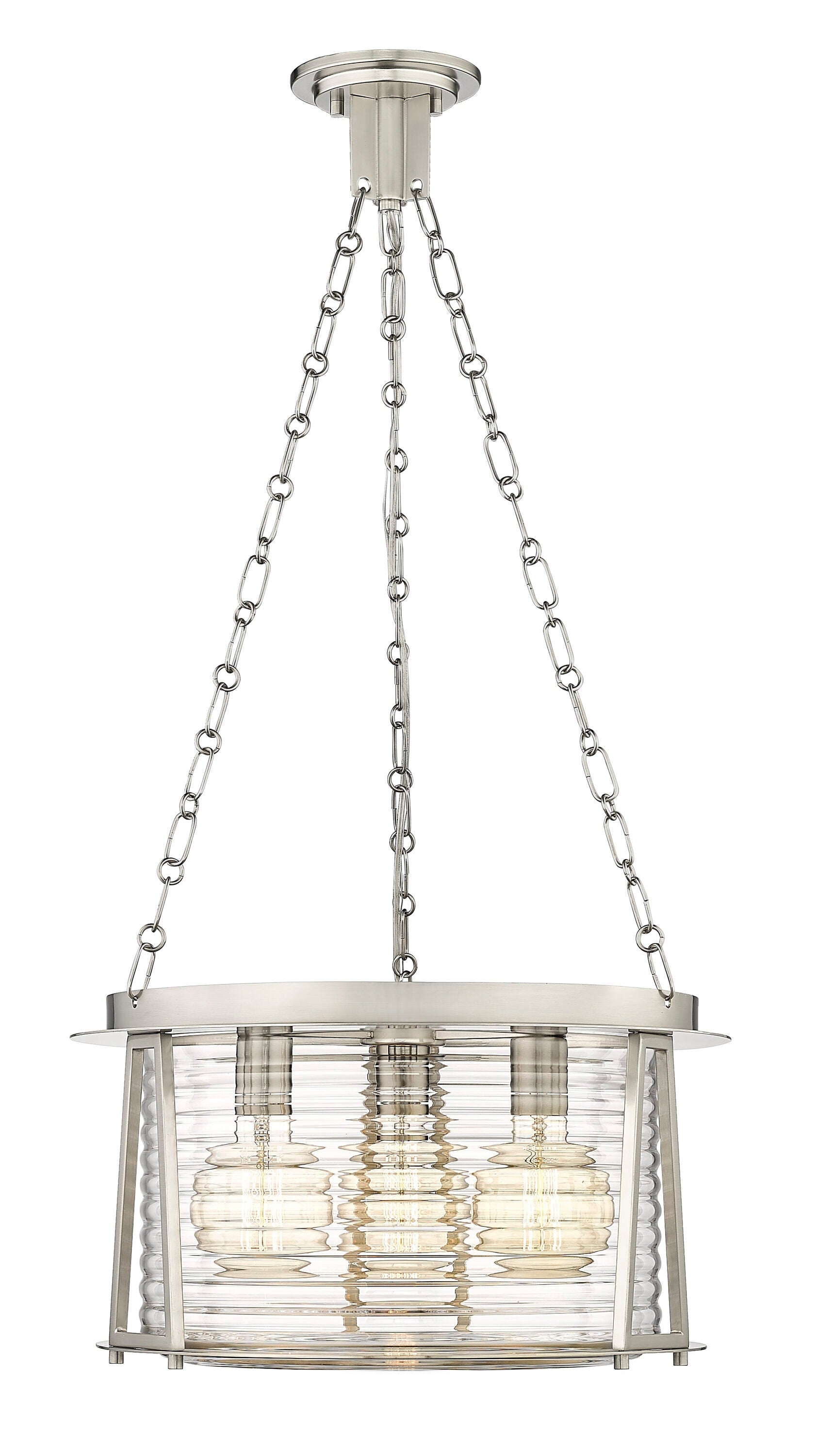 Z-Lite Cape Harbor Pendant 3 -Light Brushed Nickel Transitional Ribbed glass Lantern Medium Hanging Pendant light