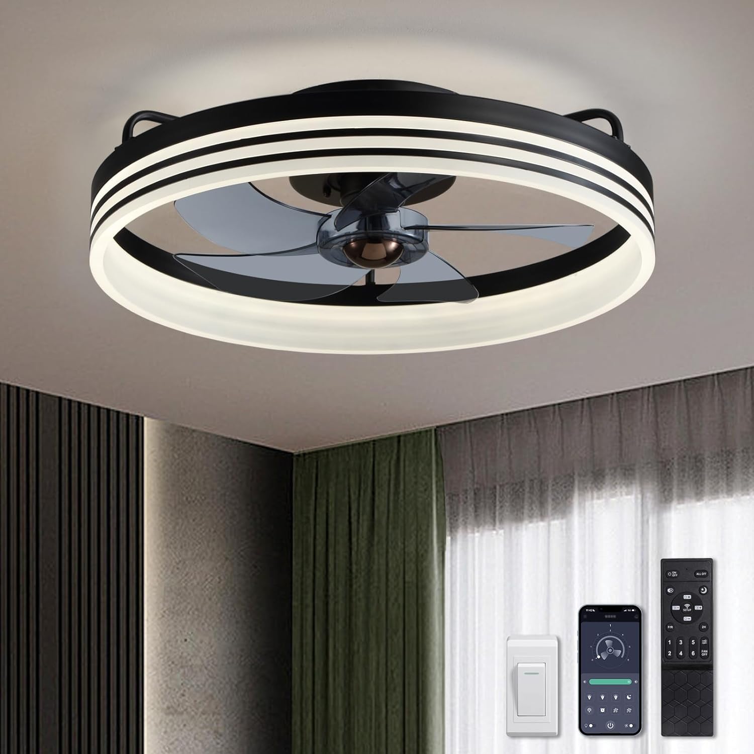 Antoine Low Profile Modern 20-in Black Farmhouse Bedroom with Smoke Gray Blades Color-changing Integrated LED Indoor Flush Mount Smart Ceiling Fan with Light and Remote (5-Blade) DCLW054