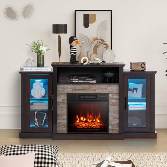 BABOOM 59-in W Dark Brown TV Stand with Fan-forced Electric Fireplace BOM-81US-CF-CO