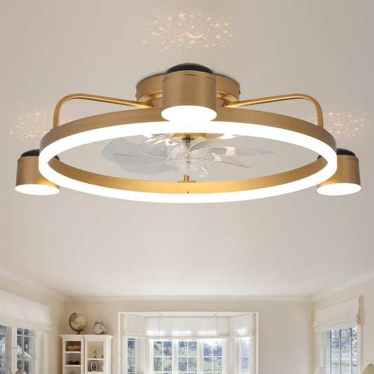 Bella Depot Low Profile Fans 28-in Gold with Clear Blades Color-changing Integrated LED Indoor Flush Mount Smart Fandelier Ceiling Fan with Light and Remote (7-Blade) DC2001-G