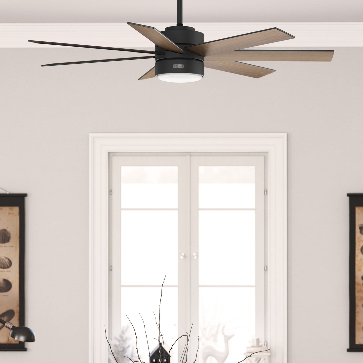 Hunter Kamshaw SureSpeed 60-in Integrated LED Outdoor Matte Black with Roasted Maple Blades Ceiling Fan With Light - Remote Included ( 7 -Blade ) 5497081