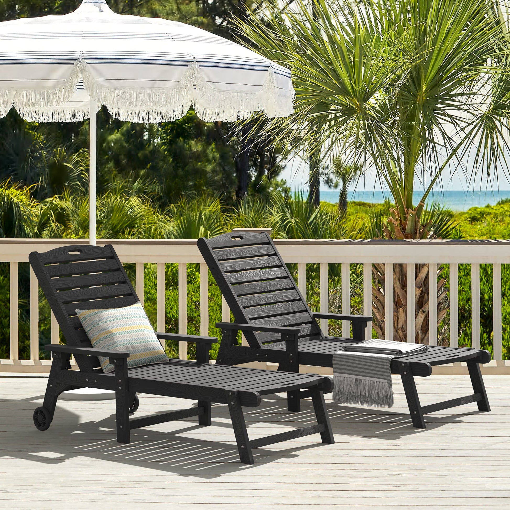 Yurevna 5-Position Chaise Lounge Set of 2 Black Polyethylene Frame Stationary Chaise Lounge Chair with Slat Seat