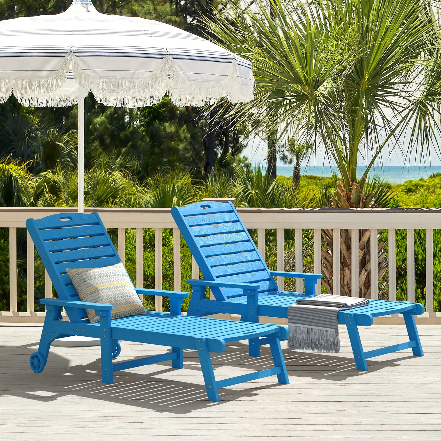 Yurevna 5-Position Chaise Lounge Set of 2 Blue Polyethylene Frame Stationary Chaise Lounge Chair with Slat Seat
