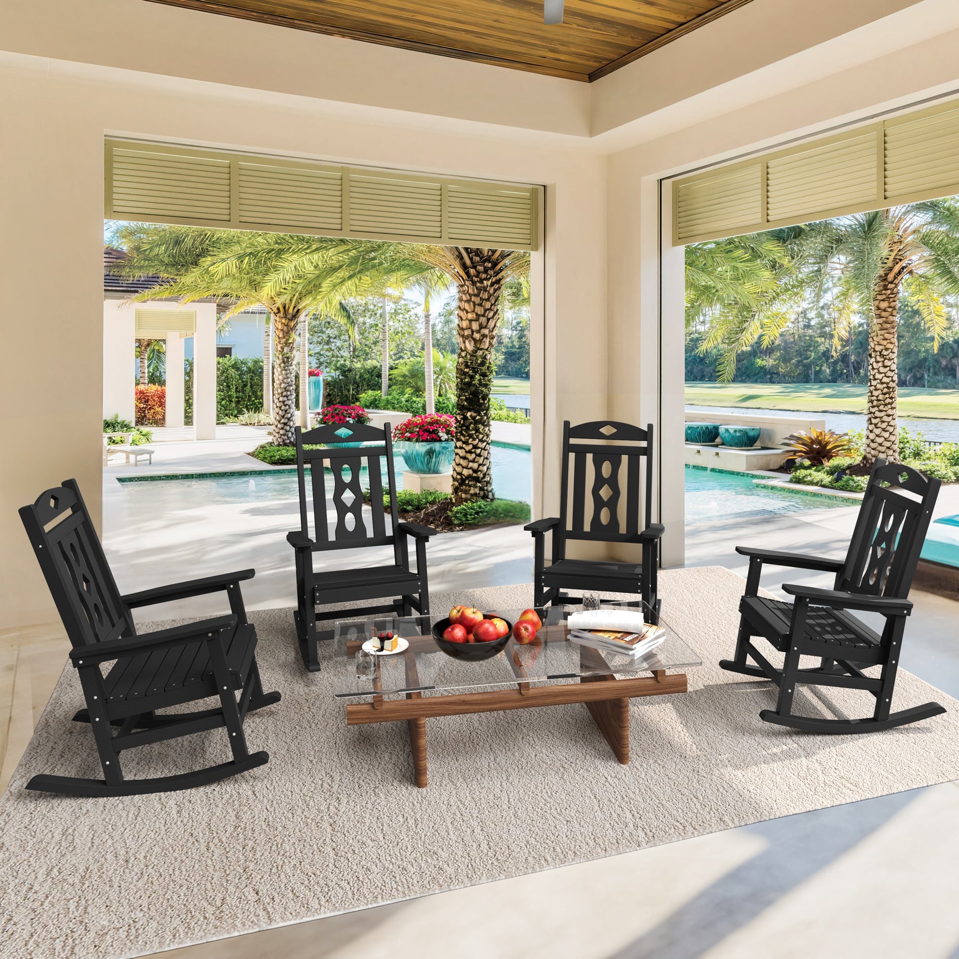LUE BONA Set of 4 Black HDPE Frame Rocking Chair with Solid Seat