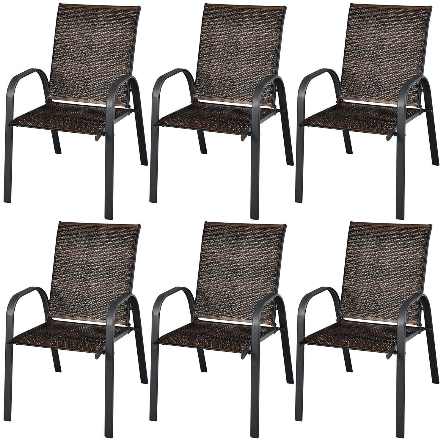 Clihome Patio Stackable Dining Chairs Set of 6 Rattan Stackable Black Metal Frame Stationary Dining Chair with Woven Seat