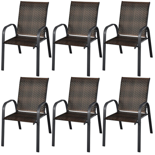 Clihome Patio Stackable Dining Chairs Set of 6 Rattan Stackable Black Metal Frame Stationary Dining Chair with Woven Seat