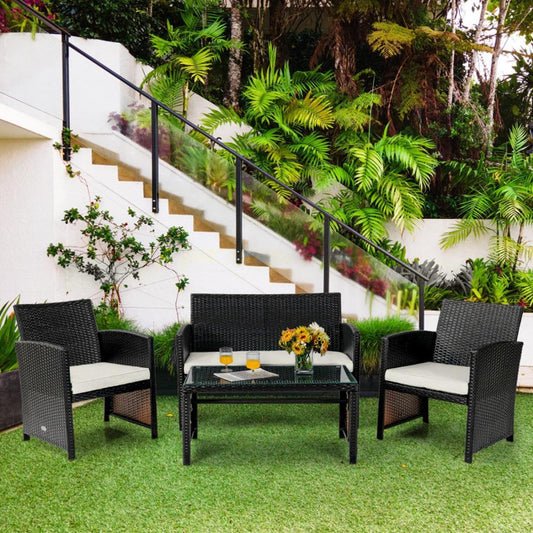 BABOOM 4 -Piece Wicker Patio Conversation Set with Off-white Cushions